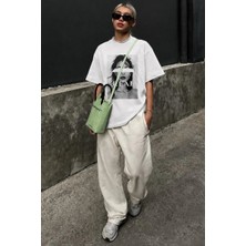 Madmext Ekru Oversize Baskılı Kadın Tişört MG1764