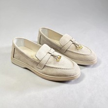 Dabab Shoes Lupy Kadın Bej Süet Loafer Ayakkabı Gold Aksesuarlı Ortopedik Rahat Taban Casual Babet