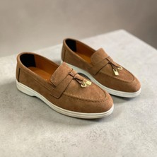 Dabab Shoes Lupy Kadın Taba Süet Loafer Ayakkabı Gold Aksesuarlı Ortopedik Rahat Taban Casual Babet