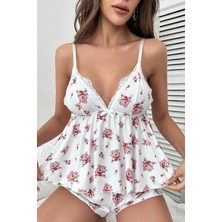 Merry See Ince Askılı Çiçekli Dantel Detay Şortlu Pijama Takım Gecelik