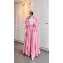 Trendparis Çupra Kumaş Kimono ve Geniş Paça Pantolon Takımı Açık Pembe