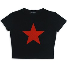 Touz Red Star Baskılı Siyah Crop