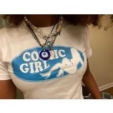 Touz Haraju Cosmic Girl Baskılı Beyaz Crop