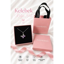 Rawezon Pembe Kutulu ve Çantalı Mor Taşlı Çelik Kelebek Kolye -Sevgiliye Hediye Doğum Günü Arkadaşa