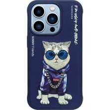 Nimmy Nımmy iPhone 15 Pro Max Uyumlu 3D Gözlük Zincir Handsome Kedi Nakış Işlemeli Kabartmalı Cool Glasses Kılıf