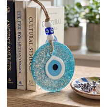 Alzfide Global El Yapımı Hediyelik Açık Mavi Cam Nazar Boncuğu, Çok Simli, Ipli, 11 cm Duvar Süsü