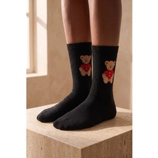 Bony Socks Kadın Teddy Desenli Soket Çorap Siyah