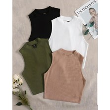 Öz Pamuk Kadın 4 Lü Adet Fitilli Pamuklu Örme Kaşkorse Crop Bluz Atlet