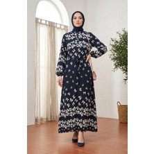 Sefa Merve Viskon Kumaş Fiyonk Desenli Tesettür Elbise 0338-03 Lacivert