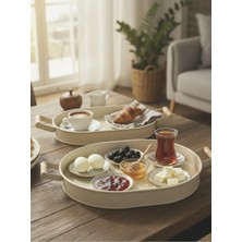 Evstyle Ikili Ahşap Kulplu Metal Oval Tepsi - Krem