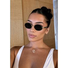 SUN PEARL Luna Unisex Oval Güneş Gözlüğü Siyah Gold Çerçeve UV400 Korumalı Vintage Tasarım