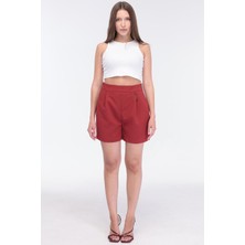 Select Moda Kadın Bordo Yüksek Bel Kumaş Şort