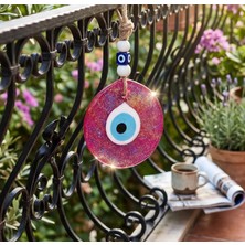 Alzfide Global El Yapımı Hediyelik Pembe Cam Nazar Boncuğu, Çok Simli, Ipli, 11 cm Duvar Süsü