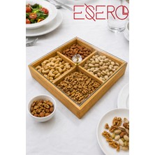 Esero 4 Bölmeli Bambu Sunum Tabağı 23X23 cm | Şeffaf Plastik Kapaklı Kuruyemiş, Kuru Meyve ve Atıştırmalık Sunum Kutusu