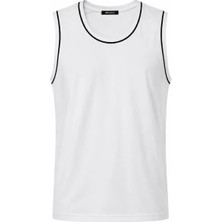 Pomeya  Ön Unisex Pamuklu Bisiklet Yaka Kolsuz Atlet Kontrast Biyeli Regular Fit - Beyaz