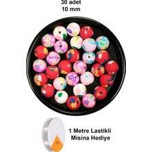 İlk El Grup 30 Adet 10 mm Polimer Kil Fimo Boncuk Takı Bileklik + 1 Metre Lastikli Misina Hediye - Desenli Yuva