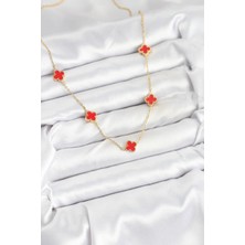 316L Çelik Zincir Gold Renk Kırmızı Baby Boy Yonca Kadın Kolye 5886 - PINVOX7321-6404