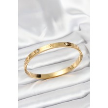 316L Çelik Gold Renk Zirkon Taşlı 65 mm Kadın Kelepçe Bileklik 5886 - PINVOX1831-6357