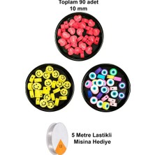 İlk El Grup 90 Adet 10 mm Polimer Kil Fimo Boncuk Takı Bileklik + 5 Metre Misina Hediye - Smile - Nazar - Love