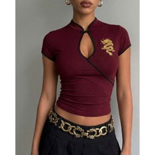 Touz Mandarin Yaka Ejderha Motifli Vintage Qipao Kısa Kollu Crop