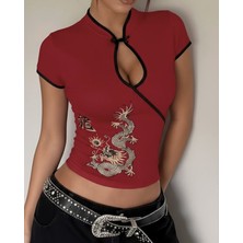 Touz Mandarin Yaka Ejderha Motifli Vintage Qipao Kısa Kollu Crop