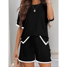 Asyahsap Kadın Kısa Kollu Bisiklet Yaka Şerit Detaylı Viskon Iki Iplik Bluz ve Kısa Short Ikili Takım