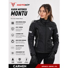 Motokit Crazybull Carmen Siyah Kadın 4 Mevsim 3 Katmanlı Korumalı Reflektörlü Motosiklet Montu