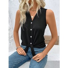 Gökyüzü Moda Kadın Askılı V Yakalı Önden Düğmeli Bağlama Detaylı Viskon Bluz