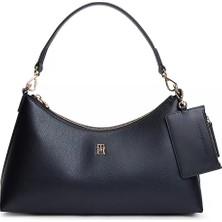 Tommy Hilfiger Kadın Çıkarılabilir Mini Cüzdanlı Fermuarlı Kısa Kulplu Th Monogram Logolu Siyah Omuz Çantası AW0AW18720-BDS