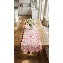 Kesene Göre %100 Pamuk Simli Kumaş Pembe Desenli Fırfırlı Runner 40X110
