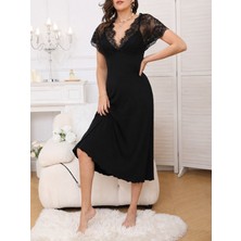 Alyn Wear Kadın Kısa Kollu V Kruvaze Yakalı Dantel Detaylı Viskon Gecelik