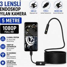 Uninet Türkiyede Ilk 5 Metre 3 Kameralı Android ve Bilgisayar Uyumlu Endoskop Yılan Kamera 1080P Full Hd