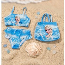 Gny Giyim Kız Çocuk Üç Parça Mavi Çantalı Karakter Desenli Mayo Bikini Takımı
