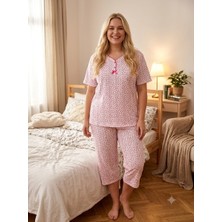 Asel Tekstil Büyük Beden Kısa Kol Kapri Pamuklu Likralı Pijama Takımı