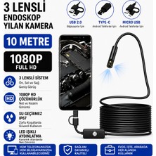 Uninet Türkiyede Ilk 10 Metre 3 Kameralı Android ve Bilgisayar Uyumlu Endoskop Yılan Kamera 1080P Full Hd
