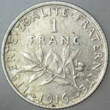 Banknoting Fransa 1 Frank 1916 Gümüş. I. Dünya Savaşı Dönemi. 5 Gram.