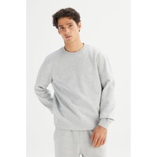 Regular Fit Normal Kesim Bisiklet Yaka Baskılı Gri Melanj Sweatshirt