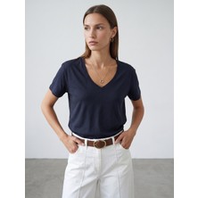 Dilvin 32847 Lyocell Karışımlı V Yaka T-Shirt-K.lacivert