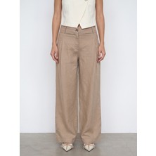 Dilvin 72762 %100 Keten Geniş Paça Pantolon-Bej