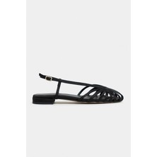 Nişantaşı Shoes Leny Siyah Saten Biyeli 1-2 cm Kalın Topuklu Kadın Sandalet Babet