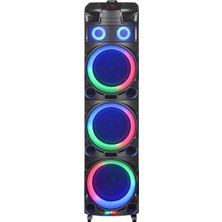 HEPU HP-912 Büyük Boy 150W RMS 3x12” PartyBox Bluetooth Hoparlör | RGB Işıklı | 2 Kablosuz Mikrofon