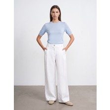 Dilvin 72762 %100 Keten Geniş Paça Pantolon-Beyaz