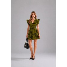 Sortie Collection Kadın Beli Lastikli Kruvaze Yaka Desenli Mini Elbise Haki