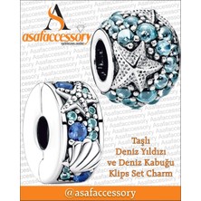 Asaf Accessory Taşlı Deniz Yıldızı ve Deniz Kabuğu Klips Set Charm Gümüş