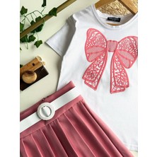 Luniva Butik Lunıva Butik Kız Çocuk Fiyonk Baskılı Tişört & Kemerli Piliseli Etek 2'li Takım – Pudra/beyaz Siyah/beyaz Kırmızı/beyaz