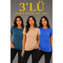 Asyahsap 3’lü Kısa Kollu Bisiklet Yaka Basic Slim Fit T-Shirt -Petrol Mavisi  - Bej - Mavi