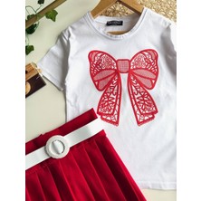 Luniva Butik Lunıva Butik Kız Çocuk Fiyonk Baskılı Tişört & Kemerli Piliseli Etek 2'li Takım – Pudra/beyaz Siyah/beyaz Kırmızı/beyaz