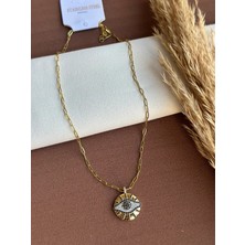 Ry Collections Çelik Daire Plaka Göz Figürlü Taşlı Kolye