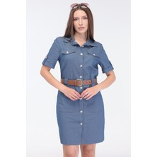 Select Moda Kadın Mavi Denim Cep Detaylı Kemerli Midi Boy Elbise