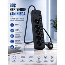 Matechno 5'li Akım Korumalı Topraklı Çoklu Priz 3680W 2 Usb-A + 2 Type-C Hızlı Şarj Bağımsız Anahtarlı Duvara Monte Edilebilir Grup Priz Uzatma